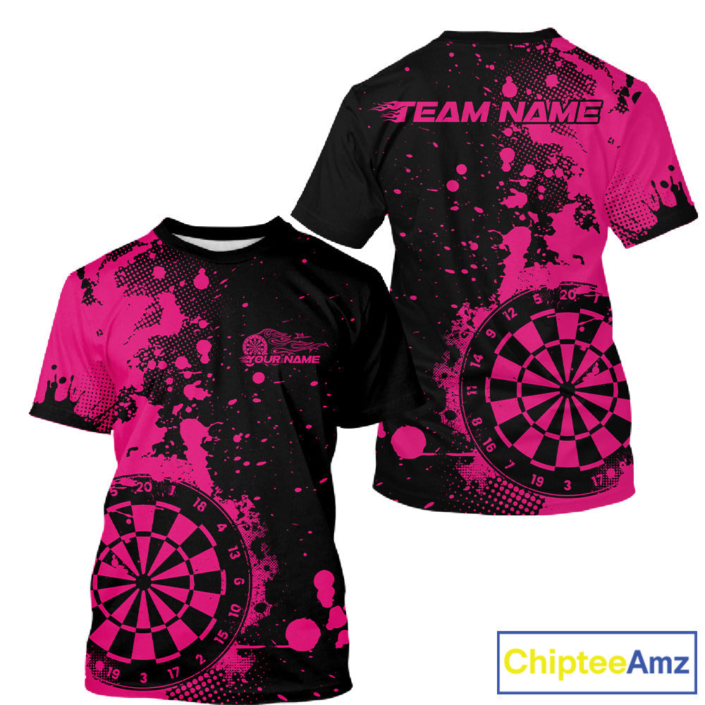 Custom Black And Pink Splatter Dartboard Dart T-Shirts For Men, Grunge Dart Team Jerseys IPHW9957