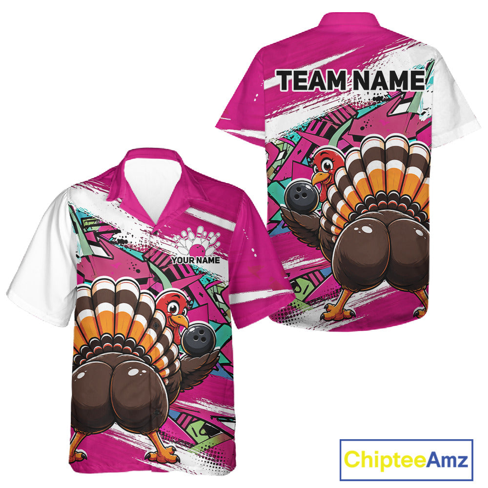 Front and back views of a pink custom bowling button up shirt featuring a funny urban street style graffiti turkey holding a bowling ball.