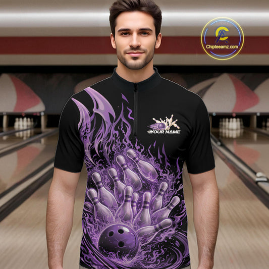 Male model in bowling lane wearing quarter-zip shirt with flaming bowling ball striking pins purple fire sports design