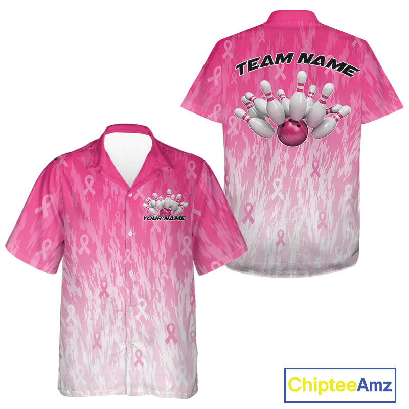Custom Pink Gradient Breast Cancer Pink Ribbon Bowling Men And Women Button Up Shirt, Team League Shirt IPHW12051