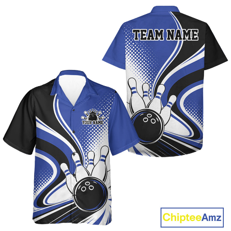 Custom Blue Halftone Classic Retro Bowling Men And Women Button Up Shirt, Bowling Team League Shirt IPHW12073