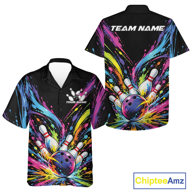 Custom Colorful Splatter Men And Women Button Up Bowling Shirt, Bowling League Matching Team Shirt IPHW12397
