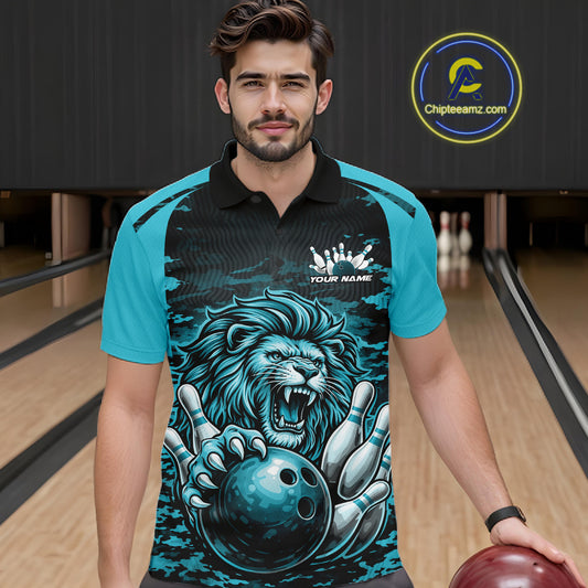 Custom Blue Camo Lion Bowling Men Polo Shirt, Lion Bowling Team League Shirt IPHW10370