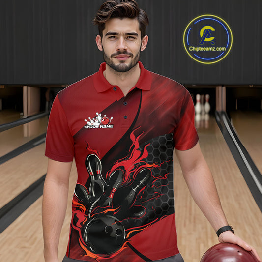 Male model at a bowling lane wearing a black and red bowling polo shirt with fiery bowling strike graphics and hexagonal accents.