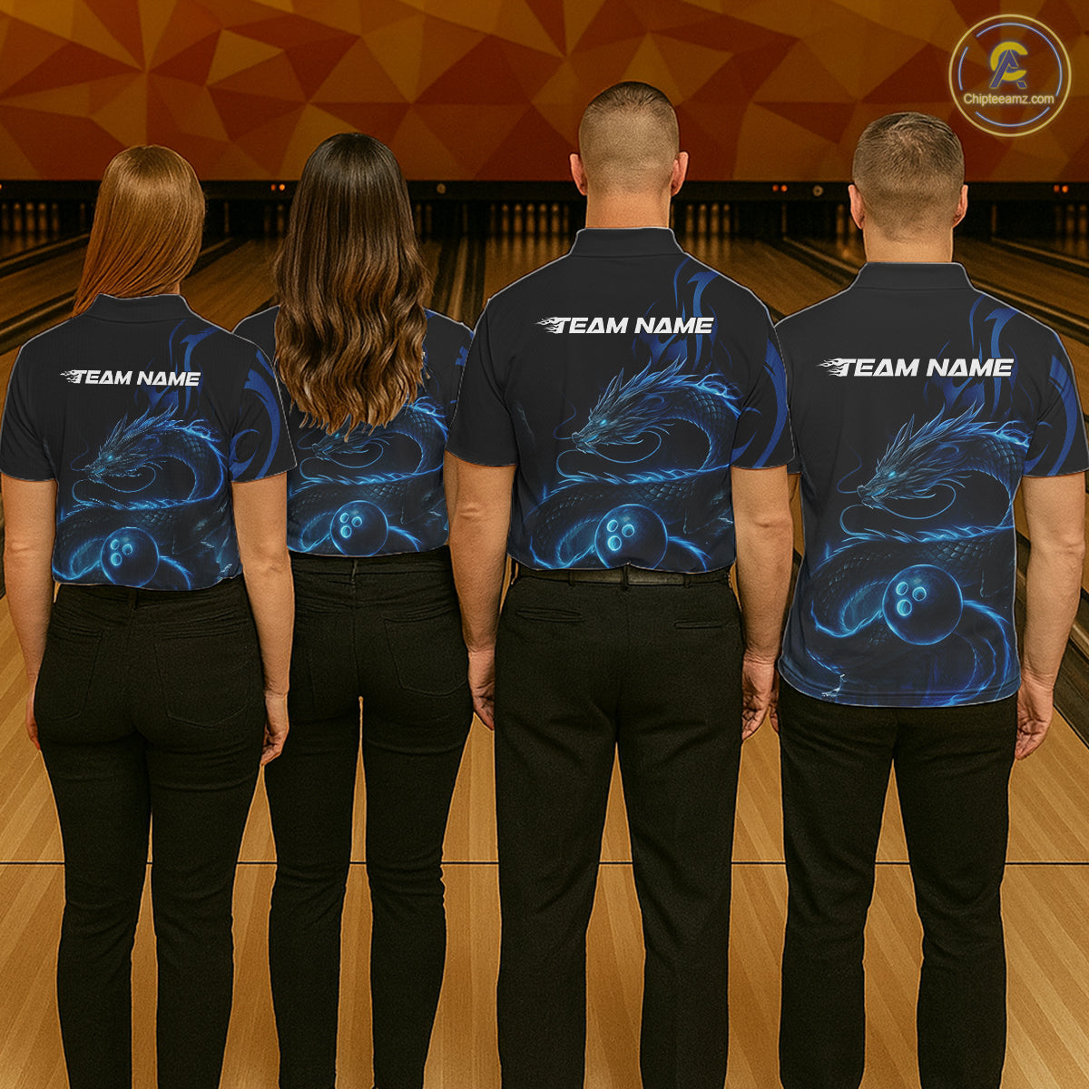 Custom Blue Tribal Flame Dragon Bowlin Team Men Polo Shirt, Dragon Bowling Jerseys IPHW10229