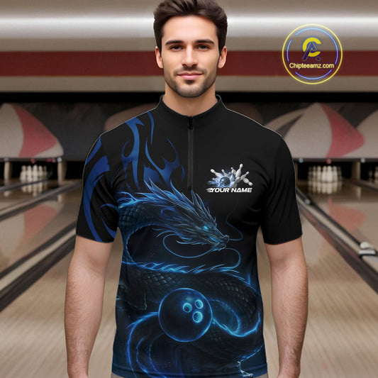 Custom Blue Tribal Flame Dragon Bowlin Team Men Quarter-Zip Shirt, Dragon Bowling Jerseys IPHW10229