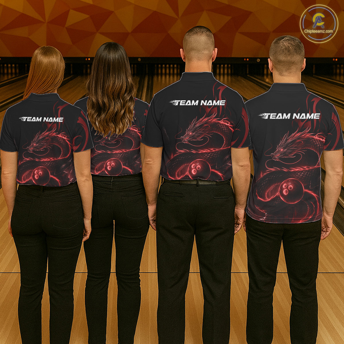 Custom Red Tribal Flame Dragon Bowlin Team Men Polo Shirt, Dragon Bowling Jerseys IPHW10230