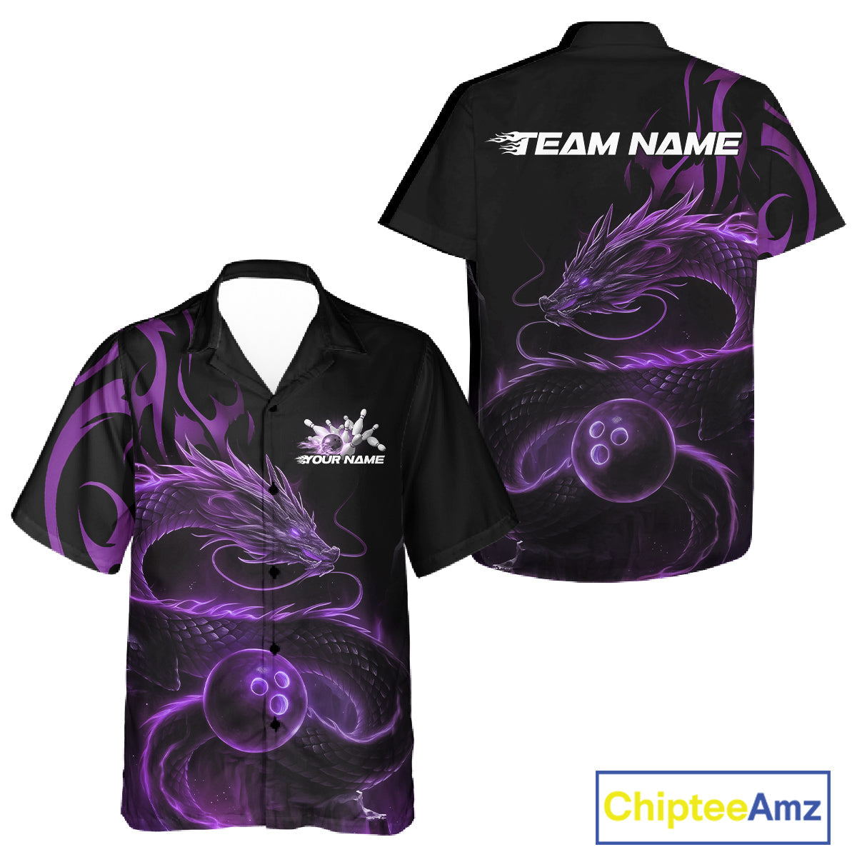 Custom Purple Tribal Flame Dragon Bowlin Team Men And Women Hawaiian Shirt, Dragon Bowling Jerseys IPHW10231