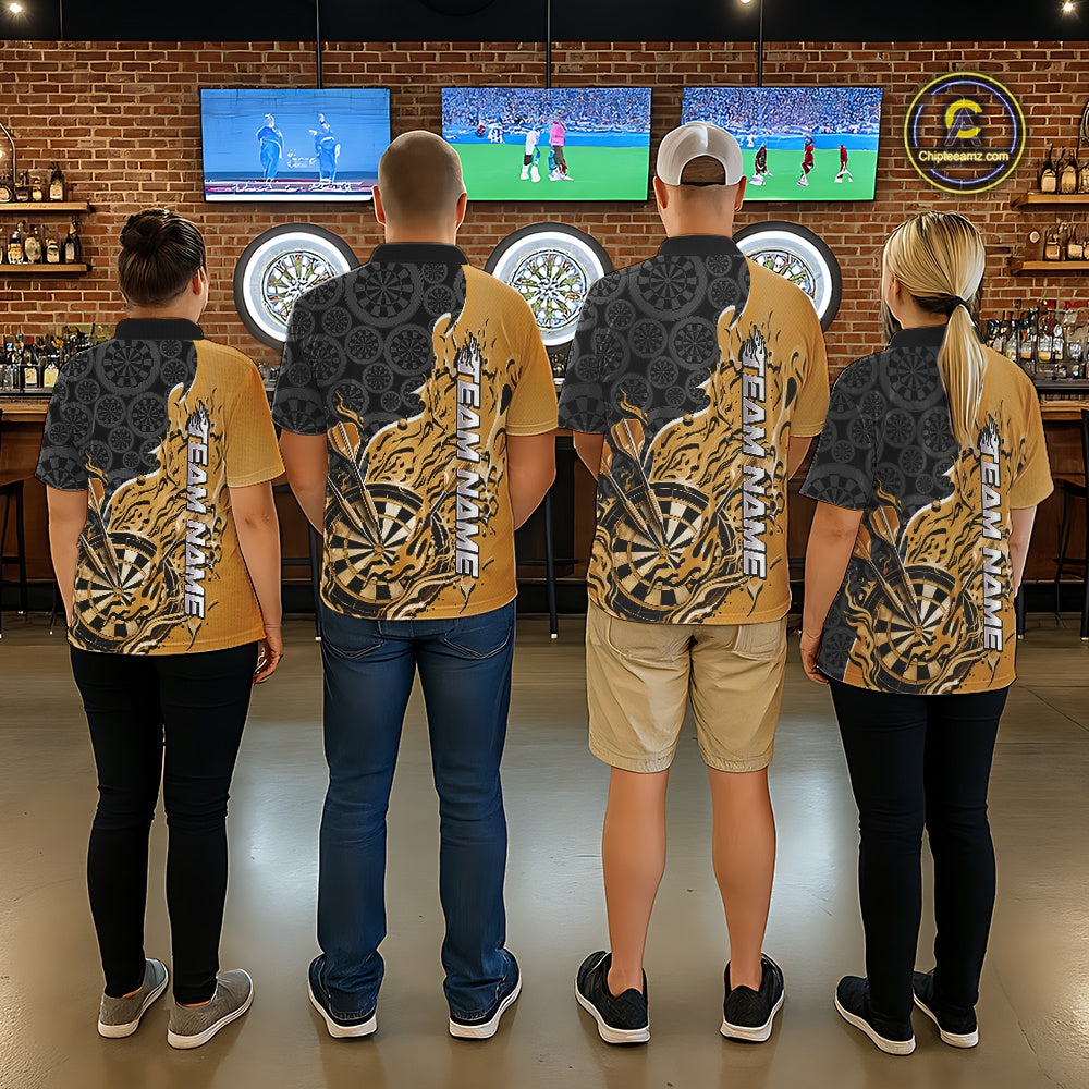Custom Black And Yellow Flame Dartboard Dart Jerseys, Dartboard Pattern Darts Tournament Team Shirts IPHW10416