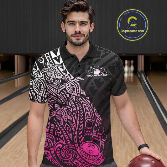 Male model wearing a black and pink bowling polo shirt at the bowling lane with Polynesian-inspired bowling artwork.