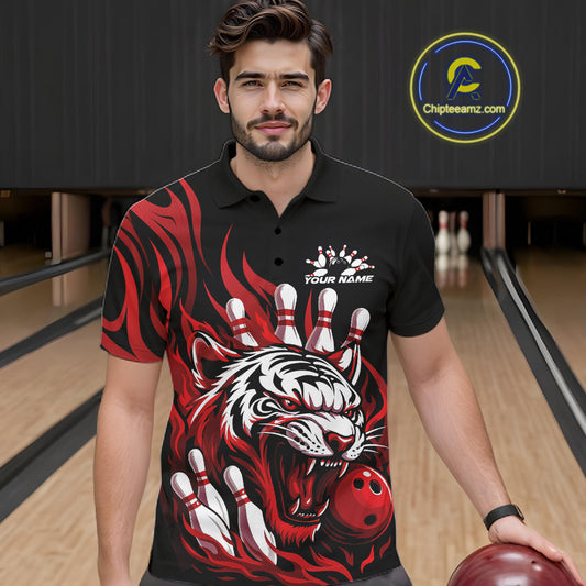 Custom Black And Red Tiger Men Bowling Jerseys, Tiger Bowling Team League Shirt IPHW10160