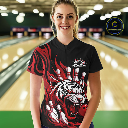 Custom Black And Red Tiger Women Bowling Jerseys, Tiger Bowling Team League Shirt IPHW10160