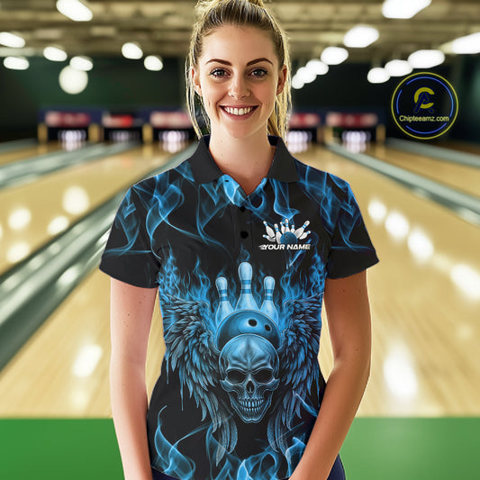 Custom Black And Blue Flame Skull With Wings Women Bowling Shirt, Halloween Team Shirt IPHW10166