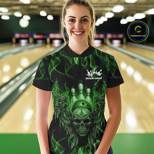 Custom Black And Green Flame Skull With Wings Women Bowling Shirt, Halloween Team Shirt IPHW10167