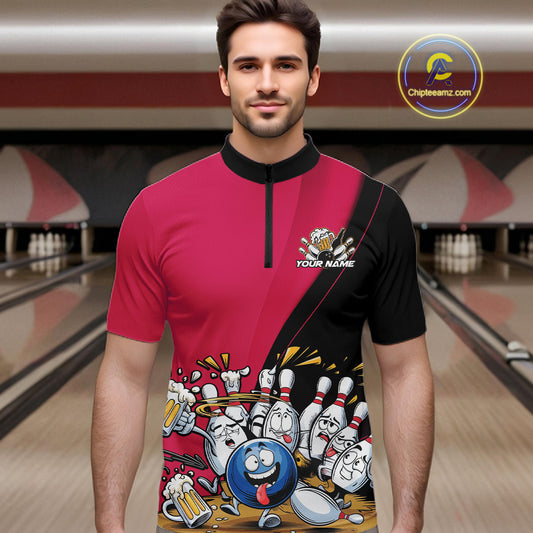 Custom Pink Funny Bowling Men Quarter-Zip Shirts, Bowling And Beer Party Bowlers Outfit IPHW10817