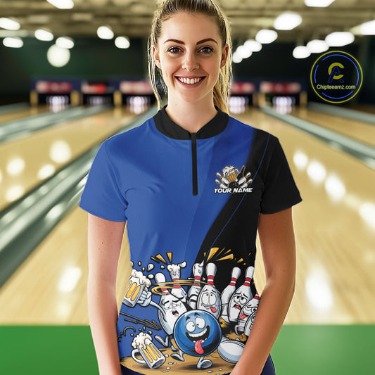 Custom Blue Funny Bowling Women Shirts, Bowling And Beer Party Bowlers Outfit IPHW10818