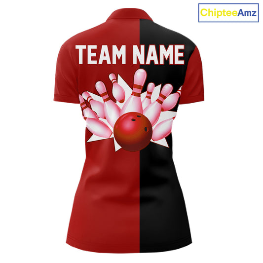 Red and Black retro vintage Bowling polo, quarter zip shirts for Women custom Bowling team jerseys NQS11565