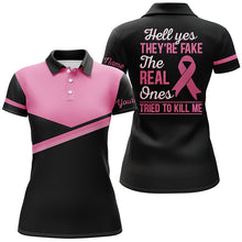 Load image into Gallery viewer, Black and pink Womens golf polo shirts custom Hell Yes They're Fake The Real Ones Tried To Kill Me NQS6214