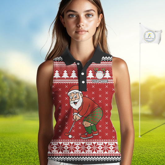 Funny Santa Sleeveless Golf Polo shirt Red ugly Christmas pattern Custom ladies Christmas golf shirts NQS11000