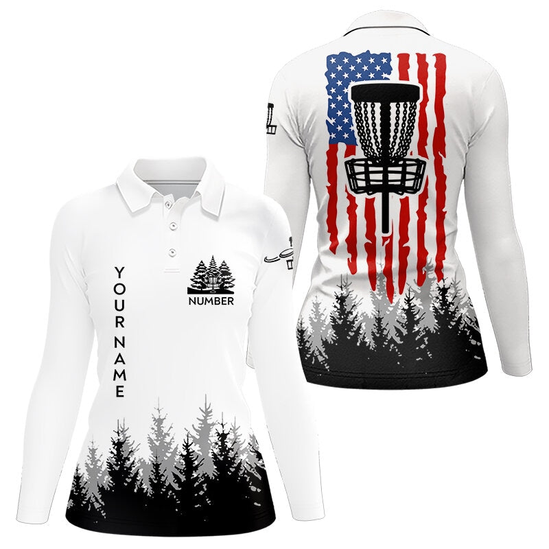 Black and White American flag Women disc golf polo shirt custom patriotic disc golf basket team outfit NQS9127