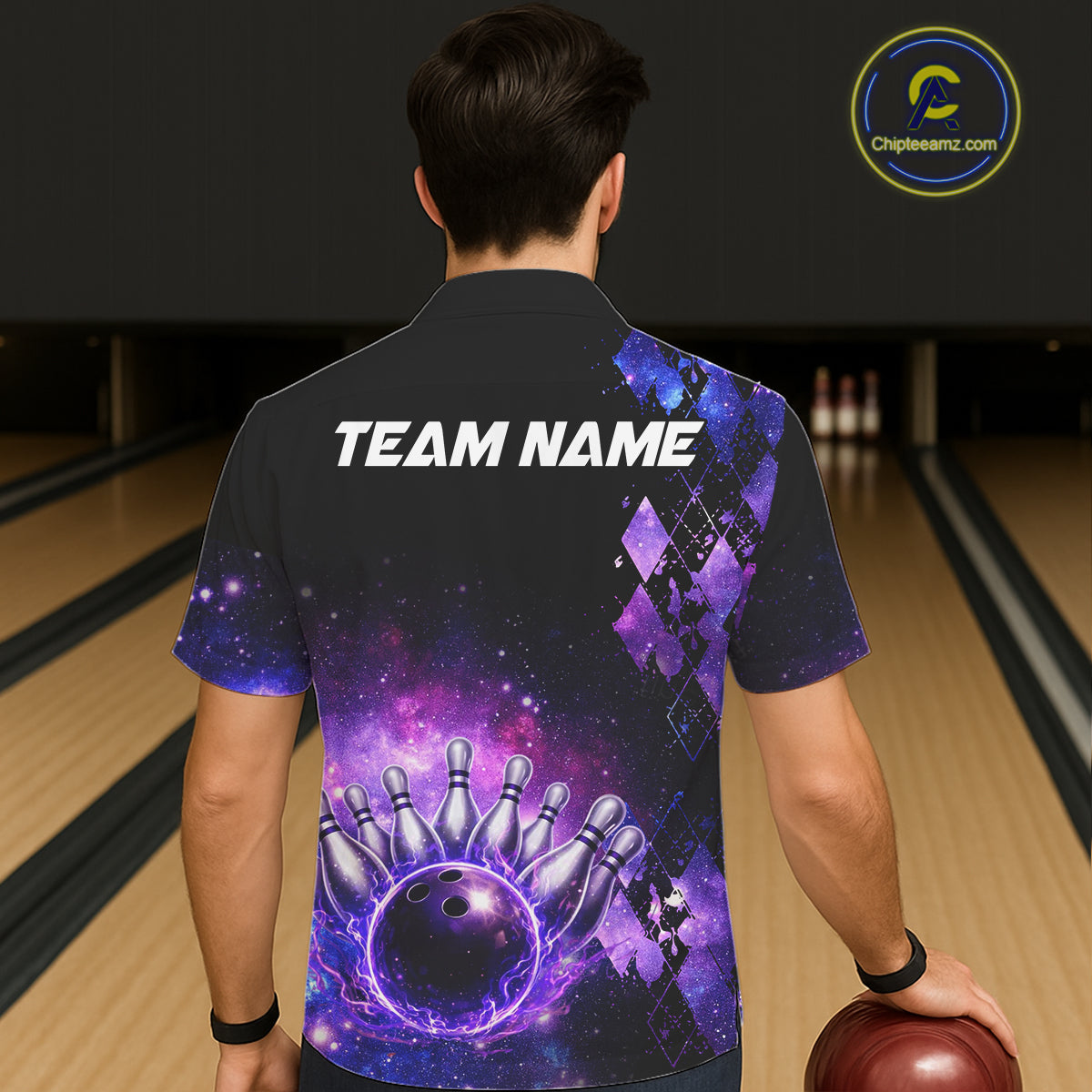 Purple Flame galaxy argyle Custom button-up bowling shirts, team bowling league jerseys NQS11410