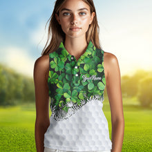 Load image into Gallery viewer, Women sleeveless polo shirt custom Green clover golf pattern St Patrick Day golf attire for ladies NQS9473