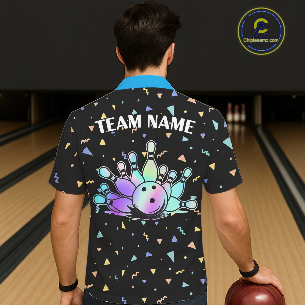 Hologram colors geometric pattern Black Bowling Button-up Shirts Custom Team Bowling League Jersey NQS11607