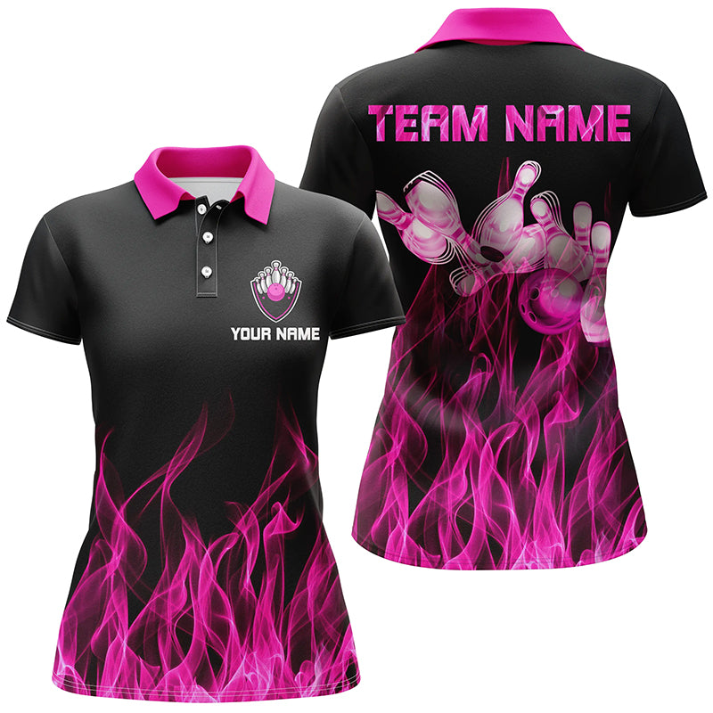 Custom Black Pink bowling shirt for women – personalized team jersey front view