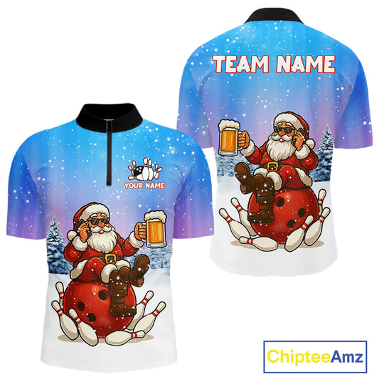 Funny Santa drinking Beer Bowling Shirts For Men Custom Christmas Bowling Team Jersey Gift For Bowler NQS11009