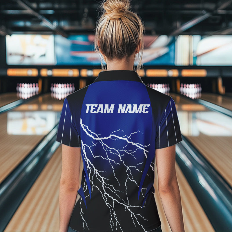 Black and Blue Lightning thunder Bowling Polo, Quarter Zip shirts for Women Custom Bowling Team Jersey NQS9346