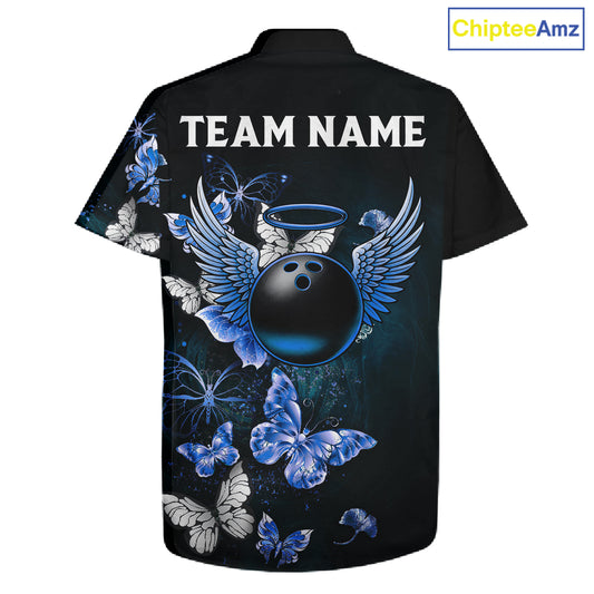 Custom Blue Butterfly Bowling Button-up Shirt, Bowling Team Shirt With Butterflies NQS11612