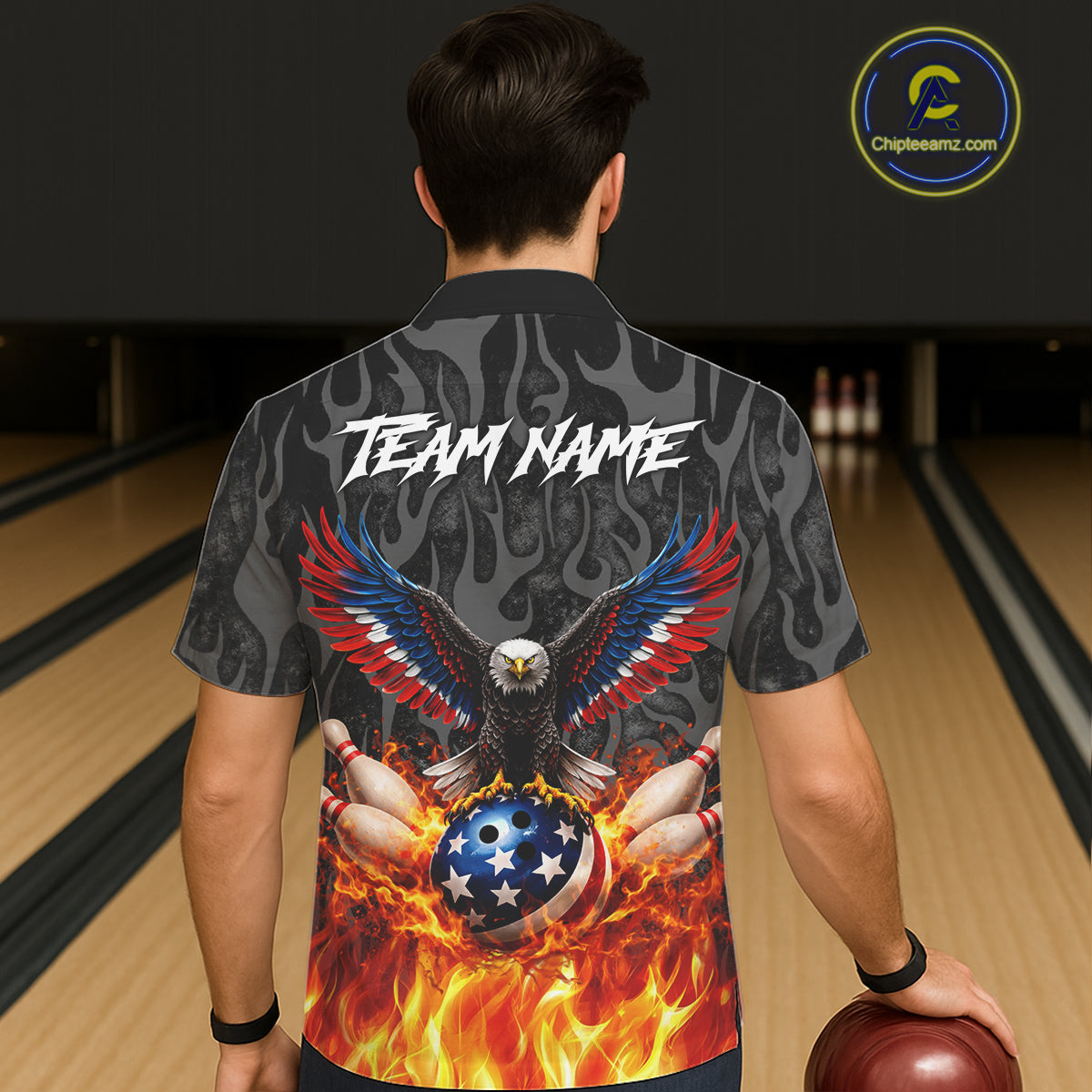 Black & Orange Flame American Flag Eagle Bowling Button-up Shirt Custom Patriotic Bowling Team Jersey NQS11722