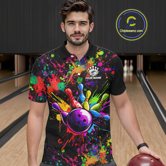 Colorful watercolor Bowling Polo, 1/4 Zip Shirt for mens Custom Bowling Team jersey for bowlers NQS10242