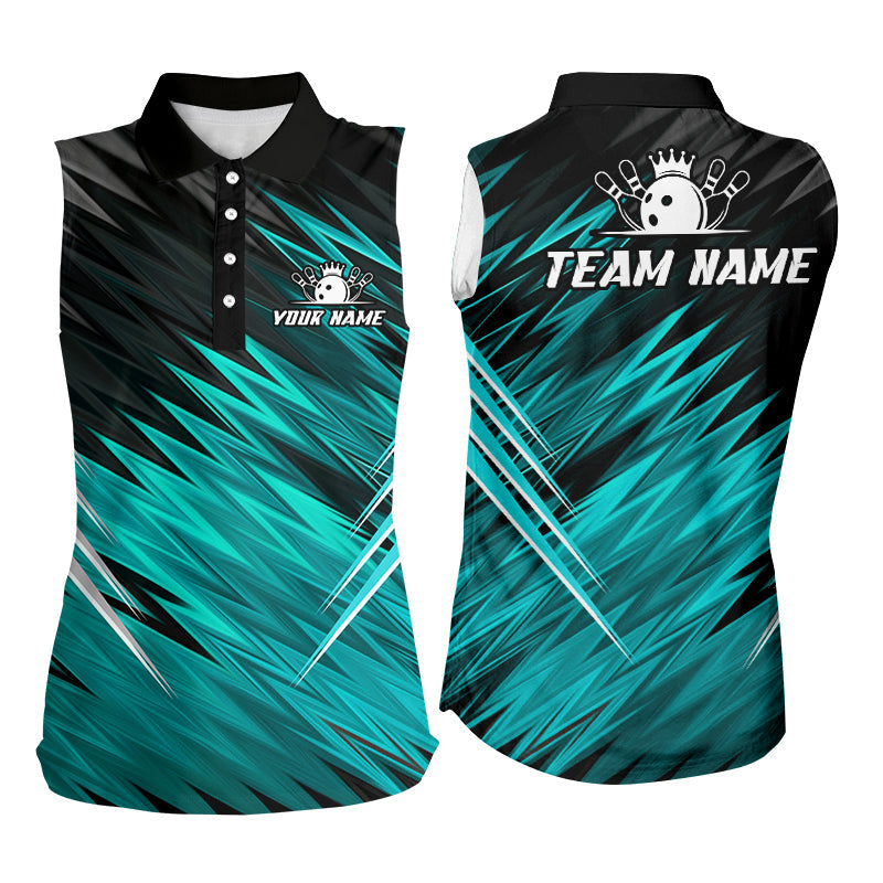 Cyan Blue and Black Bowling Sleeveless Polo Custom Name and Team name Bowling Jerseys Bowlers Outfit NQS8889