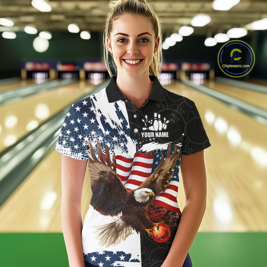 American Flag Eagle Bowling Shirts For Women Custom Patriotic Black Camo Bowling Team Jerseys NQS9863
