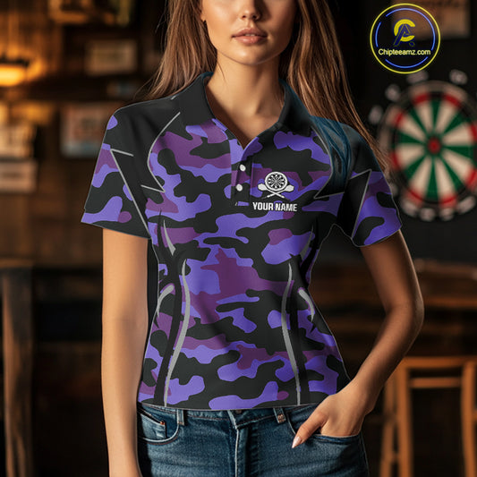 Deer Skull Darts Board Purple Camo Darts Polo, Quarter zip Shirts For Women Custom Team Darts Jersey NQS9935
