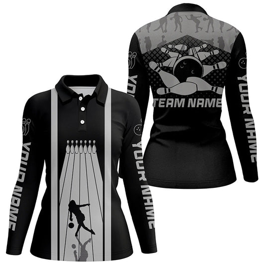 Black and Gray Retro Bowling Shirts For Women Custom team bowling jerseys, bowling clothes womens NQS8451