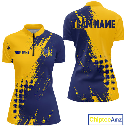 Custom Blue and Yellow Strike Bowling Shirts Women Polo, 1/4 Zip Bowling Team Jerseys Bowling League NQS11039