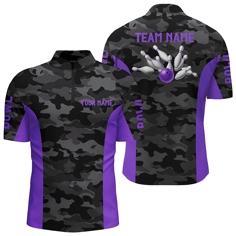 Men bowling Polo, Quarter Zip shirts Custom gray camo Bowling Team League Jerseys | Purple NQS7606