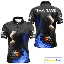 Load image into Gallery viewer, Black and White Eagle Blue Flame American Flag Bowling Shirt For Men Custom Team Bowling Jersey NQS10857