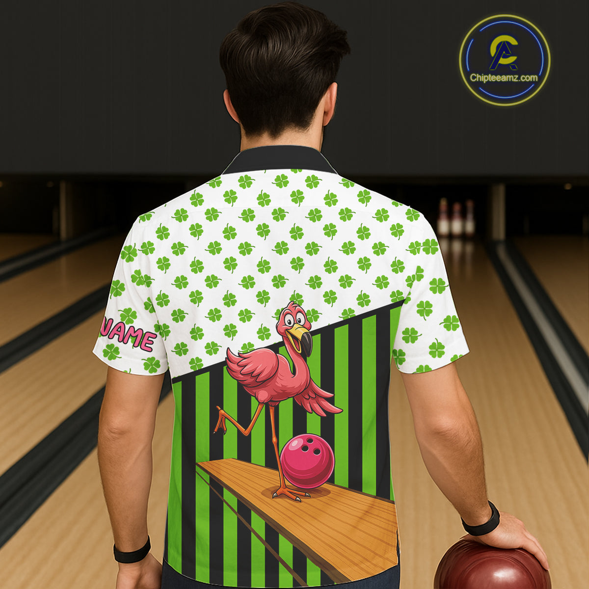 Green shamrock pattern flamingo Bowling Hawaiian Shirt Custom St Patrick's Day Team bowling outfit NQS11247