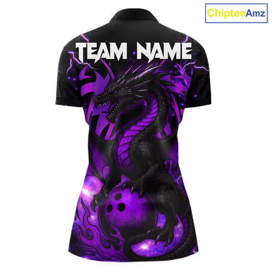 Custom Black and Purple Lightning Thunder Skull Dragon Bowling Shirts For Women, Team Bowling Jerseys NQS11641