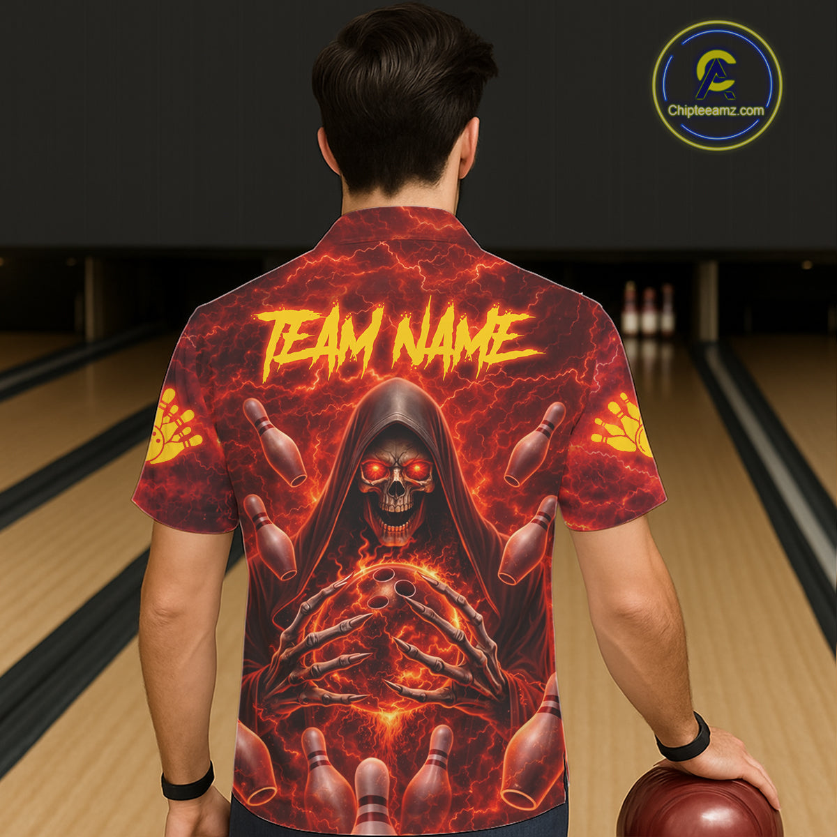 Red Lightning Thunder Skull Reaper Bowling Hawaiian Shirt Custom Team Bowling Button-up Shirt NQS11642