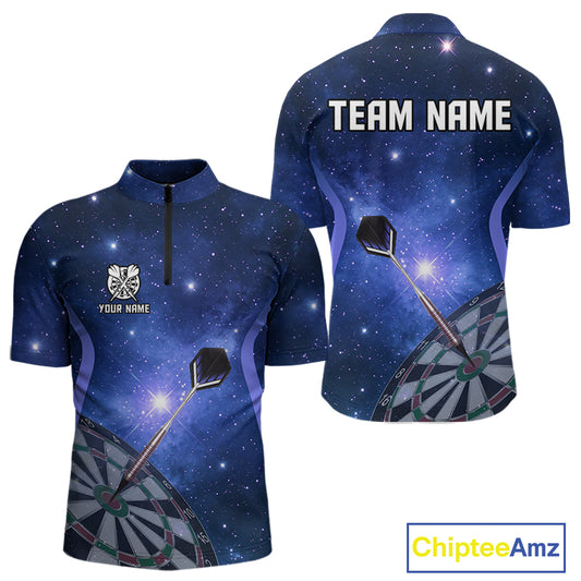 Blue galaxy space pattern Darts Polo, Quarter zip Shirts For Men Custom Team Darts Jersey Outfit NQS10876