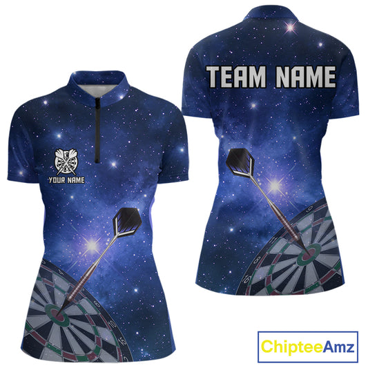 Blue galaxy space pattern Darts Polo, Quarter zip Shirts For Women Custom Team Darts Jersey Outfit NQS10876