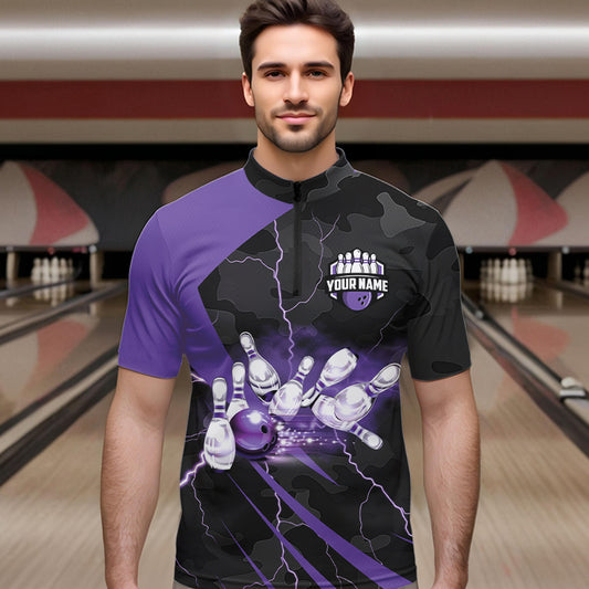 Black Camo Purple Lightning Thunder Bowling Shirts For Men Custom Bowling Team League Jerseys NQS9689