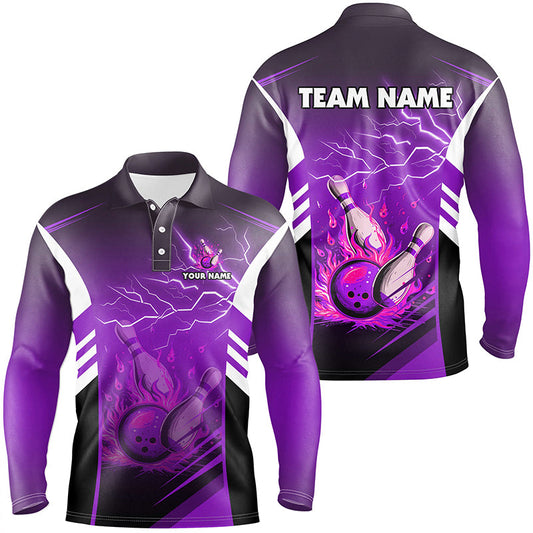 Flame bowling ball and pins lightning custom Men Bowling Polo Shirts, team bowling jerseys | Purple NQS7479