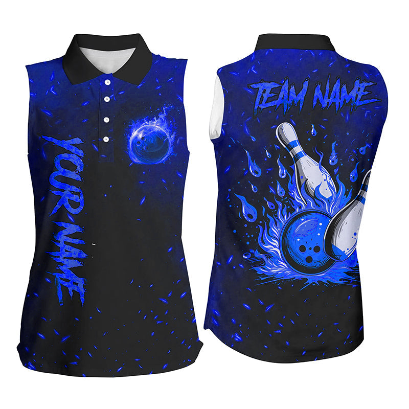 Blue Flame Bowling Jerseys For Women Custom Bowling Sleeveless Polo shirts for Team, Gift for Bowler NQS8467