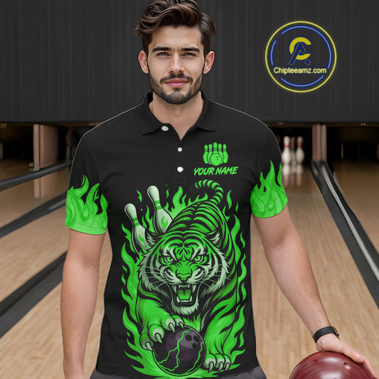 Black and Green Flame Tiger Bowling Polo, 1/4 Zip Shirts for Men Custom Team Tiger Bowling Jersey NQS11257