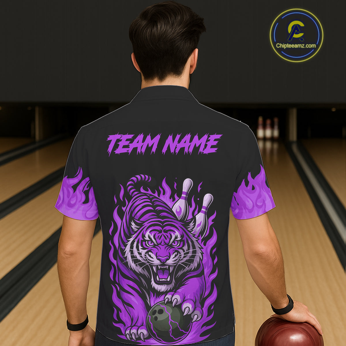 Black and Purple Flame Tiger Bowling Hawaiian Shirt Custom Team Tiger Bowling Jersey NQS11258